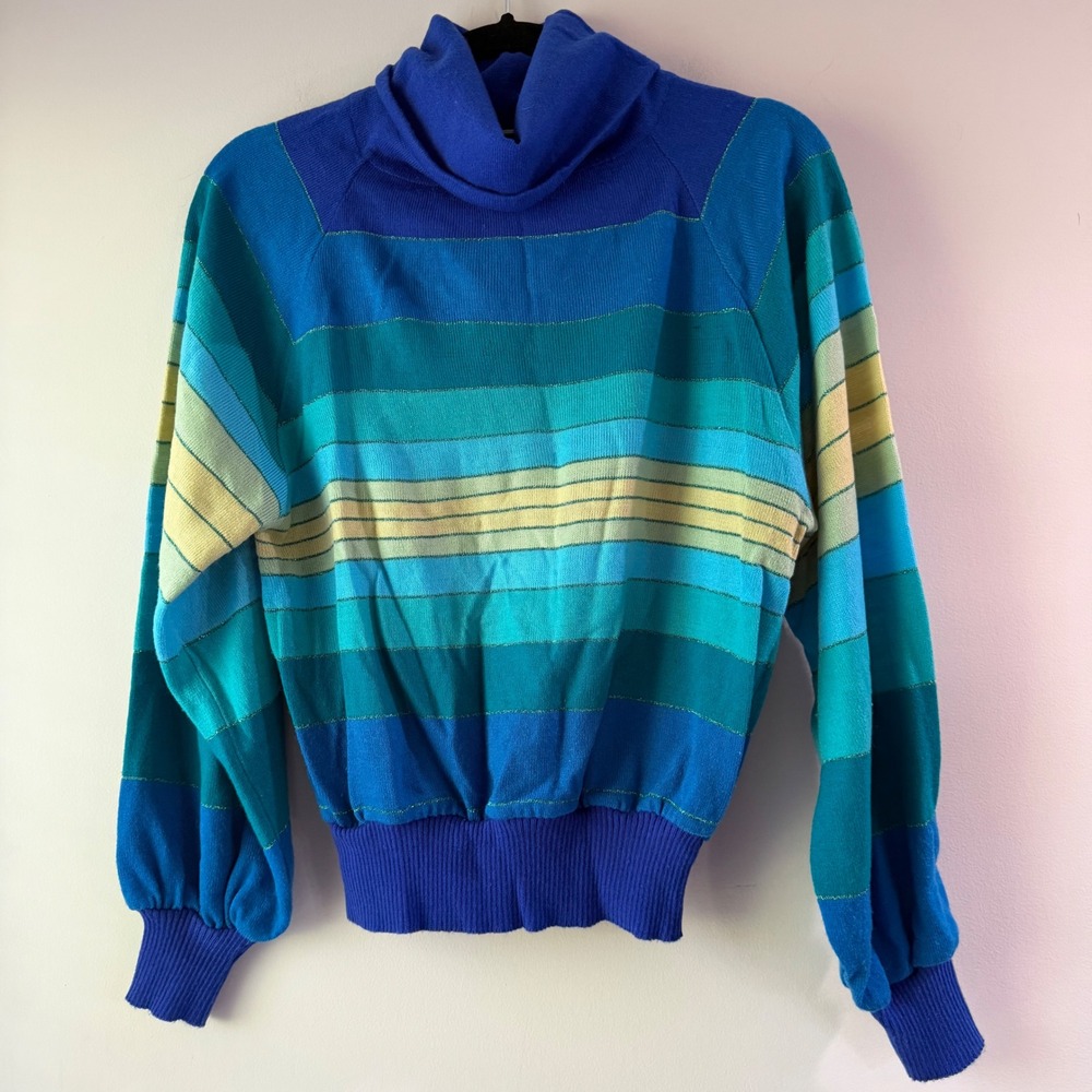 E.V. Ltd. Striped Cowl Neck Sweater Womens Med Blue Green‎ 80s Vintage Metallic